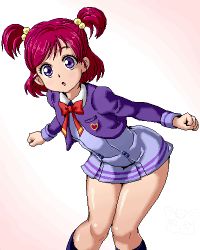 Rule 34 | 1girl, :o, isu, leaning forward, lowres, pink hair, precure, purple theme, simple background, thighs, yes! precure 5, yumehara nozomi