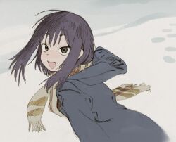 Rule 34 | 1girl, black hair, blush, brown eyes, coat, commentary request, footprints, highres, looking at viewer, medium hair, open mouth, original, outdoors, scarf, smile, solo, uchida akira (taaiseee1121), upper body, winter, winter clothes
