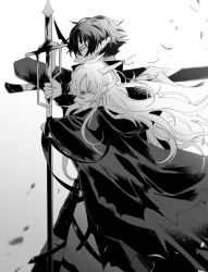 Rule 34 | 1boy, arknights, bishounen, black hair, cape, cowboy shot, flamebringer (arknights), from side, horns, katana, long hair, male focus, monochrome, orange eyes, pointy ears, sahae00, shining (arknights), simple background, sword, weapon, white background, white hair