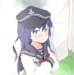 Rule 34 | 10s, 1girl, :t, akatsuki (kancolle), bed sheet, bedwetting, blush, commentary request, crossed arms, drying, embarrassed, futon, gomennasai, grass, hanging, hat, kantai collection, looking at viewer, neckerchief, puffy cheeks, puffy cheeks, purple eyes, purple hair, red neckerchief, school uniform, serafuku, solo, stain, sweatdrop