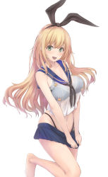 Rule 34 | 1girl, :d, absurdres, atago (kancolle), bare shoulders, barefoot, black ribbon, blonde hair, blue skirt, blush, bra, breasts, cleavage, clothes pull, collarbone, cosplay, covered erect nipples, covering privates, covering crotch, crop top, crop top overhang, green eyes, hair ribbon, has bad revision, highres, kantai collection, lace trim, large breasts, long hair, looking at viewer, md5 mismatch, microskirt, navel, open mouth, pleated skirt, resized, resolution mismatch, ribbon, sailor collar, see-through, shimakaze (kancolle), shimakaze (kancolle) (cosplay), simple background, skirt, skirt pull, smile, solo, source smaller, standing, standing on one leg, underwear, upscaled, urigarasu, white background