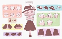 Rule 34 | 1girl, absurdres, alternate costume, alternate hairstyle, black skirt, bobby socks, boots, bow, bowtie, capelet, chinese clothes, english text, closed eyes, fedora, frilled skirt, frills, hat, hat ribbon, headband, highres, loafers, minus (sr mineka), necktie, ribbon, shirt, shoes, skirt, smile, socks, t-shirt, thinking, touhou, usami renko, white shirt