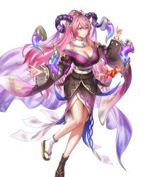 Rule 34 | 1girl, alternate costume, anbe yoshirou, black socks, blush, breasts, cleavage, curled horns, female focus, fire emblem, fire emblem heroes, floating, floating object, frilled sleeves, frills, fur trim, gloves, goat horns, hair ornament, highres, horns, large breasts, long hair, looking to the side, mismatched socks, multicolored hair, nerthuz (fire emblem), nerthuz (new year) (fire emblem), nintendo, no bra, non-web source, official alternate costume, official art, origami, paper crane, pink hair, ponytail, purple eyes, second-party source, socks, solo, two-tone hair, very long hair, white socks