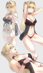 Rule 34 | 1girl, arm guards, armpits, arms behind head, babydoll, bare shoulders, black babydoll, black panties, blonde hair, blush, breasts, cape, cleavage, collarbone, cuffs, elbow gloves, elf, gloves, green eyes, groin, hair intakes, hairband, half-closed eyes, highres, kfr, large breasts, long hair, looking at viewer, lying, multiple views, navel, on back, open mouth, original, panties, pleated skirt, pointy ears, ponytail, pubic tattoo, see-through, shackles, skirt, sleeveless, stomach, strapless, tattoo, thighhighs, tube top, underwear, white thighhighs