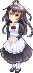 Rule 34 | 1girl, ahoge, alternate costume, apron, ball, black dress, black footwear, blush, bow, brown eyes, closed mouth, collarbone, collared dress, commentary request, dress, enmaided, flying sweatdrops, full body, hair between eyes, juliet sleeves, kantai collection, long hair, long sleeves, looking at viewer, maid, maid apron, maid headdress, mikazuki (kancolle), neck ribbon, pantyhose, pleated dress, puffy sleeves, red bow, red ribbon, ribbon, shoes, sills, simple background, solo, twitter username, very long hair, white apron, white background