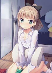 Rule 34 | 1girl, amemiya ruki, barefoot, bed, between legs, black bow, blush, bow, closed mouth, collared shirt, commentary request, curtains, dress shirt, green eyes, hair bow, hand between legs, high ponytail, highres, indoors, light brown hair, long hair, long sleeves, looking at viewer, original, pillow, ponytail, revision, shirt, sidelocks, sitting, sleeves past wrists, solo, wariza, white shirt, window, wooden floor