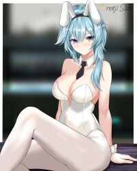 Rule 34 | 1girl, absurdres, alternate costume, animal ears, arm support, artist name, bare shoulders, black necktie, blue eyes, blue hair, blurry, blurry background, blush, border, breasts, cleavage, collarbone, cowboy shot, detached collar, eula (genshin impact), fake animal ears, frown, genshin impact, gradient eyes, hair between eyes, highres, knee up, large breasts, leotard, looking to the side, medium hair, multicolored eyes, necktie, pantyhose, playboy bunny, rabbit ears, sidelocks, sitting, solo, strapless, strapless leotard, white border, white pantyhose, wrist cuffs, yy (user 80988214)
