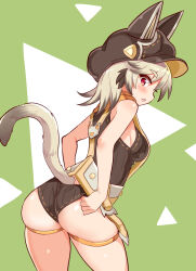 Rule 34 | 1girl, animal ear headwear, ass, bare shoulders, black hair, blush, breasts, cat tail, cougar (cougar1404), fake animal ears, from behind, gradient hair, hat, huge ass, key (cougar1404), leaning, leaning forward, leotard, light brown hair, long hair, looking down, multicolored hair, open mouth, original, red eyes, sideboob, solo, tail, thigh strap