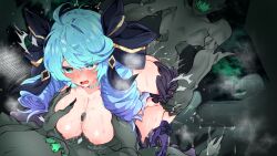 Rule 34 | 1girl, 2boys, absurdres, ahoge, black bow, blush, bow, breasts, drill hair, gloves, grabbing another&#039;s arm, green eyes, green hair, gwen (league of legends), hair bow, hetero, highres, kurarome, large breasts, league of legends, long hair, mist walker (league of legends), multiple boys, nipples, paizuri, purple gloves, rape, sex, sex from behind, striped clothes, striped thighhighs, tears, thighhighs, twin drills