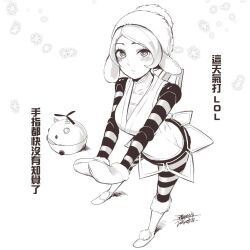 Rule 34 | 1girl, blush, character request, chinese text, closed mouth, dated, dress, ejami, full body, greyscale, hat, league of legends, looking at viewer, mittens, monochrome, orianna (league of legends), short hair, signature, simple background, skirt, snow, solo, striped, white background
