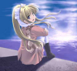 Rule 34 | 00s, 1girl, :d, air (visual novel), black footwear, blonde hair, blue eyes, blush, boots, bow, coat, crossed arms, dress, hair bow, kamio misuzu, knee boots, long hair, long sleeves, looking at viewer, looking back, ocean, open mouth, outdoors, pantyhose, pink dress, ponytail, satou takeshi, scarf, shore, smile, solo, thighhighs, very long hair, water, white thighhighs