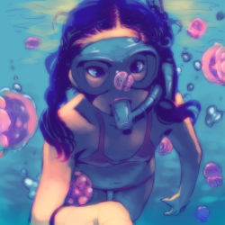 Rule 34 | 1girl, bikini, black hair, blue eyes, diving mask, goggles, highres, honzawa yuuichirou, jellyfish, long hair, nana trongratanawong, original, real life, snorkel, solo, swimsuit, underwater, water