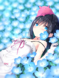 Rule 34 | 1girl, bare shoulders, black hair, blue eyes, blue flower, blurry, blurry background, blush, breasts, closed mouth, collarbone, commentary request, day, depth of field, dress, field, flower, flower field, hair between eyes, hand up, highres, kouda suzu, long hair, looking at viewer, lying, nemophila (flower), on back, on head, original, outdoors, pink ribbon, ribbon, sleeveless, sleeveless dress, small breasts, smile, solo, strap slip, white dress, wrist cuffs