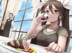 Rule 34 | alcohol, alternate costume, blue sky, brown eyes, brown hair, casual, cloud, commentary request, cup, drinking, drinking glass, dutch angle, food, hair between eyes, hair ribbon, highres, honmakaina kudou, kantai collection, long hair, meat, ribbon, sky, tone (kancolle), twintails, upper body, waiter, window, wine, wine glass
