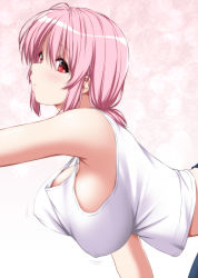 Rule 34 | 1girl, bare shoulders, bent over, breasts, commentary request, gradient background, hanging breasts, highres, large breasts, midriff, motion lines, no bra, no headwear, nori tamago, pink background, pink hair, red eyes, saigyouji yuyuko, short hair, solo, tank top, touhou, upper body, white tank top