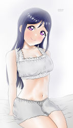 Rule 34 | 1girl, absurdres, alternate hairstyle, artist name, artist request, bare legs, bare shoulders, bed, blue hair, blush, bra, close-up, collarbone, female focus, hair between eyes, highres, lace, lace-trimmed bra, lace trim, long hair, looking at viewer, love live!, love live! sunshine!!, matsuura kanan, on bed, parted lips, purple eyes, sitting, smile, solo, underwear, white background, white bra