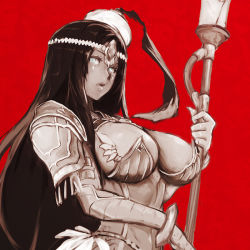 Rule 34 | 1girl, arm wrap, armor, bandages, bracelet, breasts, circlet, dark-skinned female, dark skin, egyptian, fate/grand order, fate (series), forehead jewel, holding, jewelry, lantern, large breasts, lips, long hair, nona (goodboy), pauldrons, red background, scheherazade (fate), shoulder armor, simple background, solo, staff, upper body