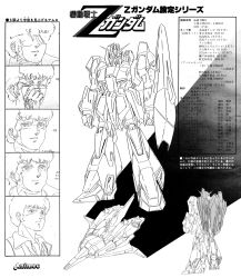 1980s_(style) 1boy absurdres amuro_ray animec_(magazine) commentary english_commentary greyscale gundam highres kitazume_hiroyuki lineart logo looking_at_viewer machinery magazine_scan mecha mobile_suit monochrome multiple_views official_art oldschool production_art retro_artstyle robot scan shield spacecraft starfighter sunglasses title traditional_media transformation translation_request v-fin waverider_crash zeta_gundam zeta_gundam_(mobile_suit)