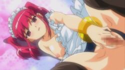 Rule 34 | animated, animated gif, apron, begging, black legwear, blush, breasts, censored, cleavage, clothing aside, cosplay, maid headdress, natsumize sukumi, nipples, one breast out, open mouth, pink eyes, pink hair, pussy, red hair, school swimsuit, spread pussy, swimsuit, swimsuit aside, teasing, thighhighs, thighs, trembling, tsundere, tsundere inran shoujo sukumi, twintails