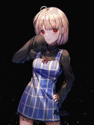Rule 34 | 1girl, ahoge, arm up, artist name, black background, black shirt, blonde hair, blue background, blunt bangs, closed mouth, contrapposto, dress, earrings, hand on own hip, jewelry, legs apart, lips, long sleeves, looking at viewer, necklace, original, pinafore dress, plaid, plaid dress, red eyes, red ribbon, ribbon, roang, shirt, short hair, simple background, sleeveless dress, sleeves past fingers, sleeves past wrists, smile, solo, standing, tareme