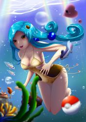 Rule 34 | 1girl, absurdres, blue hair, blurry, blush, brown one-piece swimsuit, caustics, creatures (company), crossover, day, depth of field, finneon, game freak, gen 1 pokemon, gen 3 pokemon, gen 4 pokemon, gen 5 pokemon, highres, krabby, long hair, luvdisc, magikarp, nintendo, one-piece swimsuit, orange eyes, outdoors, personification, poke ball, poke ball (basic), poke ball theme, pokemon, pokemon (creature), self-upload, smile, solo, solo focus, squirtle, swimsuit, tynamo, underwater