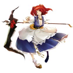 Rule 34 | 1girl, alternate weapon, breasts, cleavage, female focus, full body, hair bobbles, hair ornament, highres, jewelry, large breasts, nino (shira), onozuka komachi, pendant, red hair, sandals, scythe, short hair, solo, tabi, touhou, transparent background, twintails, two side up, weapon
