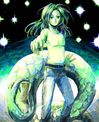 Rule 34 | 1boy, boots, colored skin, evra von, gradient background, green eyes, green hair, green skin, long hair, male focus, matching hair/eyes, outstretched arm, scales, skn nks, smile, snake, solo, star (symbol), the saga of darren shan, topless male