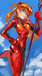 Rule 34 | 1girl, blue eyes, blue sky, bodysuit, breasts, brown hair, floating hair, hand on own hip, headgear, highres, holding, holding weapon, interface headset, lance of longinus (evangelion), long hair, looking at viewer, medium breasts, neon genesis evangelion, pilot suit, plugsuit, polearm, red bodysuit, ribosoma 42, shiny clothes, simple background, sky, smile, solo, souryuu asuka langley, spear, two side up, very long hair, weapon, wide hips