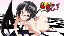 Rule 34 | 10s, 1girl, ass, barefoot, black hair, breasts, checkered floor, completely nude, copyright name, demon girl, demon wings, eyecatch, feet, glasses, high school dxd, high school dxd new, highres, looking at viewer, nipples, nude, purple eyes, screencap, short hair, small breasts, solo, sona sitri, wings