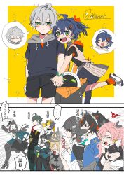 4boys 6+girls absurdres aged_down asaba_harumasa bangboo_(zenless_zone_zero) belle_(zenless_zone_zero) black_hair blonde_hair blue_hair border character_request chibi closed_eyes closed_mouth combat_helmet covering_own_mouth ellen_joe gloves green_eyes grey_hair hair_ornament hairclip helmet highres holding_hands hoshimi_miyabi itiha008 jacket lighter_(zenless_zone_zero) multicolored_hair multiple_boys multiple_girls nicole_demara open_mouth pickelhaube pink_hair piper_wheel red_eyes red_hair skirt speech_bubble streaked_hair von_lycaon white_border wise_(zenless_zone_zero) yellow_gloves zenless_zone_zero zhu_yuan