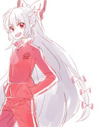 Rule 34 | &gt;:d, 1girl, 6 (yuchae), :d, adidas, alternate costume, blush, bow, fujiwara no mokou, hair bow, hands in pockets, highres, jacket, long hair, looking at viewer, open mouth, pants, red eyes, round teeth, simple background, smile, solo, teeth, touhou, track jacket, track pants, track suit, v-shaped eyebrows, very long hair, white hair