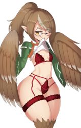 Rule 34 | 1girl, bird legs, blush, breasts, brown feathers, brown hair, clothes lift, commentary, commission, english commentary, evelyn (kibix1), feathered wings, feathers, garter straps, glasses, hair ornament, hairclip, harpy, highres, lingerie, long hair, looking at viewer, monster girl, mouth hold, multicolored hair, one eye closed, original, pointy ears, ponytail, round eyewear, shirt lift, sifserf, simple background, small breasts, smile, streaked hair, underwear, white background, white hair, wide hips, winged arms, wings