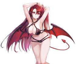 Rule 34 | 1girl, armpits, arms up, bare shoulders, bikini, black bikini, breasts, cleavage, collarbone, criss-cross halter, cropped legs, demon girl, demon tail, demon wings, epis, halterneck, king&#039;s raid, large breasts, long hair, looking at viewer, multi-strapped bikini, nail polish, naughty face, navel, o-ring, o-ring bikini, official art, red eyes, red hair, smile, solo, stomach, swimsuit, tail, thighs, transparent background, very long hair, wings, wristband