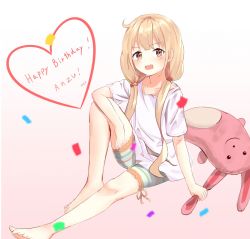 Rule 34 | 1girl, bad id, bad pixiv id, barefoot, blonde hair, blush, brown eyes, character name, collarbone, english text, futaba anzu, happy birthday, heart, highres, holding, holding stuffed toy, idolmaster, idolmaster cinderella girls, long hair, looking at viewer, miki yuu, open mouth, shirt, smile, solo, stuffed animal, stuffed toy, twintails, white shirt
