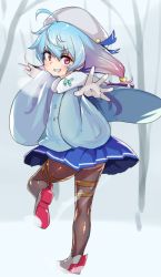 Rule 34 | 1girl, ahoge, amorphous, black pantyhose, blue capelet, blue hair, blue skirt, capelet, commentary request, from behind, full body, gloves, gradient hair, grin, hat, highres, kantai collection, long hair, looking at viewer, looking back, multicolored hair, one-hour drawing challenge, outstretched arms, pantyhose, pleated skirt, purple hair, red eyes, sado (kancolle), sailor hat, skirt, smile, solo, walking, white gloves, white hat