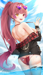 Rule 34 | 1girl, anchor print, ass, bikini, bikini pull, black jacket, breasts, butt crack, clothes pull, earrings, eyewear on head, from behind, heart, heart-shaped eyewear, heart earrings, heterochromia, highres, hololive, houshou marine, houshou marine (summer), jacket, jewelry, lancheu, large breasts, long hair, looking at viewer, looking back, ocean, off shoulder, official alternate costume, open mouth, ponytail, red eyes, red hair, smile, solo, sunglasses, swimsuit, teeth, thigh strap, upper teeth only, very long hair, virtual youtuber, wading, water, water drop, wet, yellow eyes