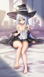 Rule 34 | 1girl, bare legs, bare shoulders, barefoot, black cloak, black skirt, blouse, blue eyes, blush, breasts, cloak, clothes pull, commentary request, elaina (majo no tabitabi), feet, fii fii (feefeeowo), full body, hat, highres, indoors, leg up, legs, long hair, looking at viewer, majo no tabitabi, miniskirt, no bra, off shoulder, parted lips, pleated skirt, pulling own clothes, shirt, shirt pull, silver hair, sitting, skirt, sleeveless, sleeveless shirt, small breasts, soles, solo, thighs, very long hair, white shirt, witch, witch hat