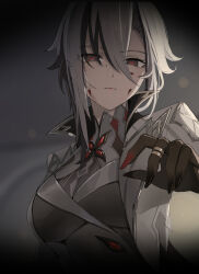 Rule 34 | 1girl, amco, arlecchino (genshin impact), black eyes, black hair, black hands, black nails, blood, blood on face, blurry, blurry background, closed mouth, eye pov, fingernails, genshin impact, grey background, grey hair, grey jacket, grey vest, hair between eyes, highres, jacket, long fingernails, looking at viewer, multicolored hair, red nails, red pupils, short hair, solo, streaked hair, symbol-shaped pupils, upper body, vest, x-shaped pupils