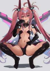Rule 34 | 1girl, absurdres, artist request, bodysuit, character request, highres, legs, long hair, navel, open mouth, pink eyes, pink hair, smile, solo, squatting, teasing, thighhighs, thighs, twintails