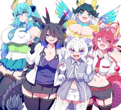Rule 34 | 5girls, ahoge, animal ears, aqua hair, arm up, behind another, belt, black dragon (kemono friends), black hair, black horns, blonde hair, blue dragon (kemono friends), blue eyes, blue hair, blush, breast pocket, breasts, claw pose, closed mouth, coat, collared shirt, cropped shirt, doctor, dragon ears, dragon girl, dragon horns, dragon tail, fangs, fingerless gloves, garter straps, gloves, hands up, height difference, highres, holding, holding syringe, horns, huge breasts, impossible clothes, impossible shirt, japari symbol, kemono friends, kemono friends 3, kirin (kemono friends), lab coat, large breasts, long hair, looking at viewer, mamiyama, midriff, miniskirt, multicolored hair, multicolored horns, multiple girls, navel, necktie, one eye closed, open clothes, open coat, open mouth, orange hair, parted bangs, pink horns, pocket, purple eyes, purple hair, purple horns, red dragon (kemono friends), red eyes, red hair, red horns, shirt, shorts, skindentation, skirt, slit pupils, small breasts, smile, stethoscope, stomach, syringe, tail, thighhighs, underbust, very long hair, white coat, white dragon (kemono friends), white hair, wing collar, wings, yellow horns