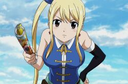 Rule 34 | 1girl, angry, anime screenshot, bent over, blonde hair, brown eyes, cloud, cloudy sky, earrings, fairy tail, fairy tail: dragon cry, hand on own hip, highres, jewelry, lucy heartfilia, magazine (object), magazine (weapon), screencap, sky, solo, star (symbol), star earrings, stitched, tagme, third-party edit