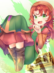 Rule 34 | 1girl, aru (arudes), boots, curly hair, dragon quest, dragon quest vii, dress, full body, green eyes, hood, long hair, looking at viewer, maribel (dq7), open mouth, orange hair, smile, solo