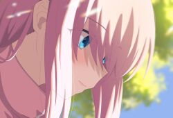 Rule 34 | 1girl, blue eyes, blush, bocchi the rock!, closed mouth, gotoh hitori, highres, jacket, long hair, pink hair, pink jacket, portrait, solo, track jacket, xion (pulilulu)