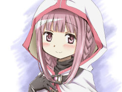 Rule 34 | 1girl, black gloves, blunt bangs, blush, braid, capelet, commentary, female focus, gloves, hand on own chest, kinfuji, magia record: mahou shoujo madoka magica gaiden, mahou shoujo madoka magica, pink eyes, pink hair, sidelocks, simple background, solo, tamaki iroha, upper body