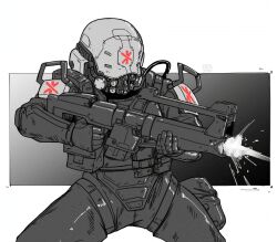 Rule 34 | 1other, ammunition pouch, cocking gun, cyberpunk, cyberpunk (series), cyberpunk 2077, cyborg, firing, helmet, highres, mechanical arms, medic, mymyc, pouch, solo, tagme, trauma team (cyberpunk), weapon