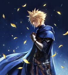 armor black_shirt blonde_hair blue_background blue_cloak brown_gloves clenched_hand cloak closed_eyes closed_mouth cloud_strife cloud_strife_(alphreid_costume) cowboy_shot falling_petals final_fantasy final_fantasy_vii final_fantasy_vii_rebirth final_fantasy_vii_remake gloves hair_between_eyes highres hollypolllyy leather_armor light_smile nomura_tetsuya_(style) official_alternate_costume petals shirt short_hair shoulder_armor signature spiked_hair sword upper_body vambraces weapon yellow_petals