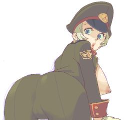 Rule 34 | 1girl, ass, bent over, blonde hair, blue eyes, breasts, breasts out, coat, freckles, hanging breasts, hat, ishikawa hideki, jacket, large breasts, looking back, military, military uniform, nipples, nude, oekaki, open clothes, open coat, open jacket, solo, uniform