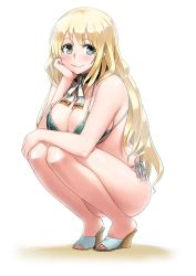 Rule 34 | 10s, 1girl, adapted costume, alternate costume, atago (kancolle), bikini, blonde hair, blush, breasts, detached collar, feet, green eyes, high heels, highres, kantai collection, large breasts, long hair, looking at viewer, sandals, shoes, side-tie bikini bottom, simple background, slippers, smile, solo, squatting, swimsuit, tachibana roku, toeless footwear, toes, wedge heels, white background