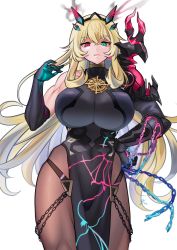 Rule 34 | 1girl, asakou (n morninglight), blonde hair, bodystocking, breasts, cowboy shot, barghest (fate), barghest (second ascension) (fate), fate/grand order, fate (series), green eyes, heterochromia, highres, horns, huge breasts, long hair, looking at viewer, muscular, muscular female, n morninglight, pantyhose, pelvic curtain, red eyes, solo
