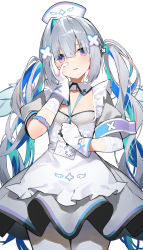 Rule 34 | 1girl, amagasa yun, amane kanata, amane kanata (nurse), angel, angel wings, apron, bandaged arm, bandages, blue hair, blush, colored inner hair, cowboy shot, detached collar, dress, feathered wings, flat chest, gloves, grey dress, grey hair, hair ornament, hair over eyes, hairclip, hand on own cheek, hand on own face, hat, highres, hololive, long bangs, long hair, looking at viewer, multicolored hair, nurse, nurse cap, official alternate hair length, official alternate hairstyle, pantyhose, pink hair, puffy short sleeves, puffy sleeves, purple eyes, short dress, short sleeves, simple background, single hair intake, solo, streaked hair, twintails, underbust, virtual youtuber, waist apron, white apron, white gloves, white pantyhose, wing collar, wings
